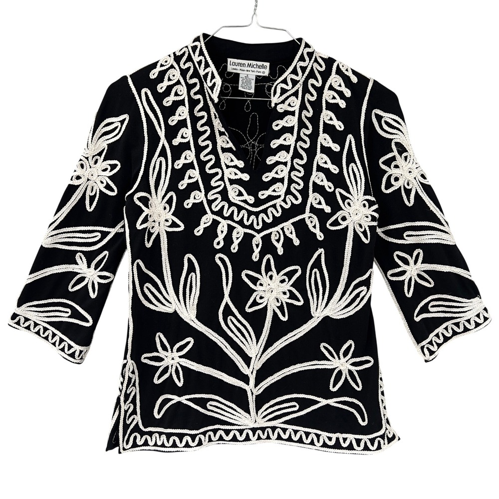 Lauren Michelle Black White Embroidered Tunic Top Women's‎ Size S Passementerie